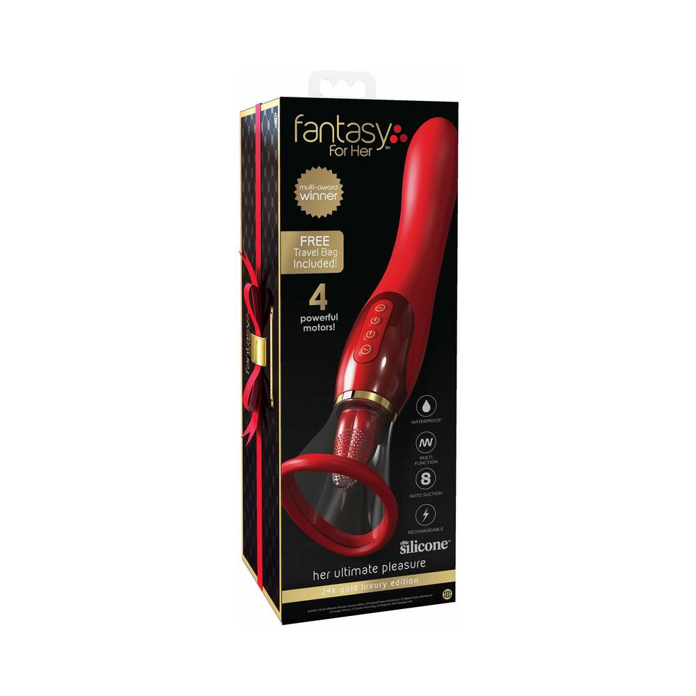 Pipedream Fantasy For Her 24k Gold Luxury Edition Her Ultimate Pleasure Rechargeable Silicone Dual-Ended Vibrator With Licking Suction Red